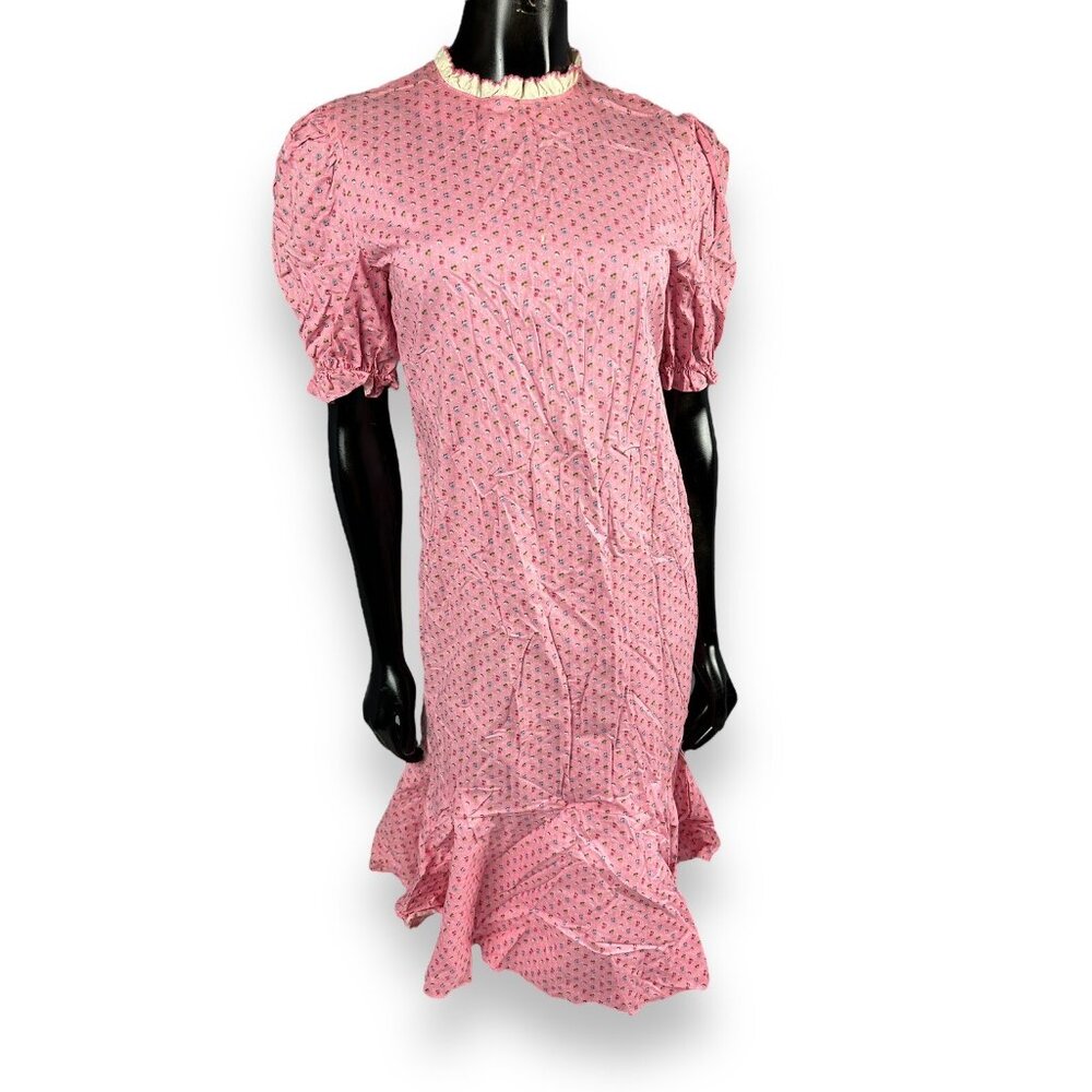 Vtg Prairie Dress Modest Handmade Pink VIP Fabric Calico Floral Cottagecore